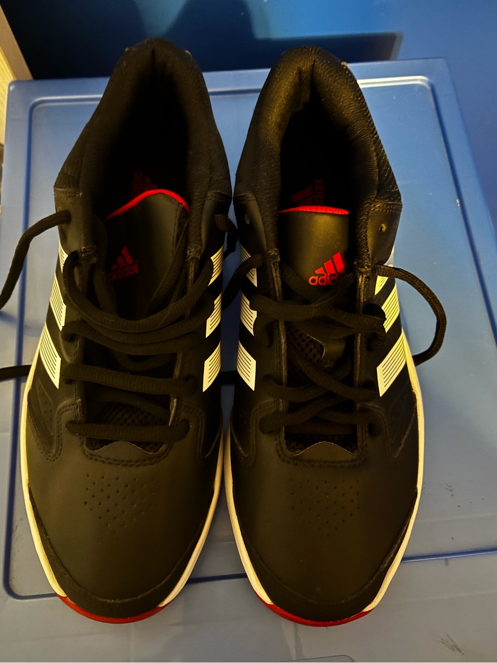 adidas Black Sneakers with White Stripes and Red Accents